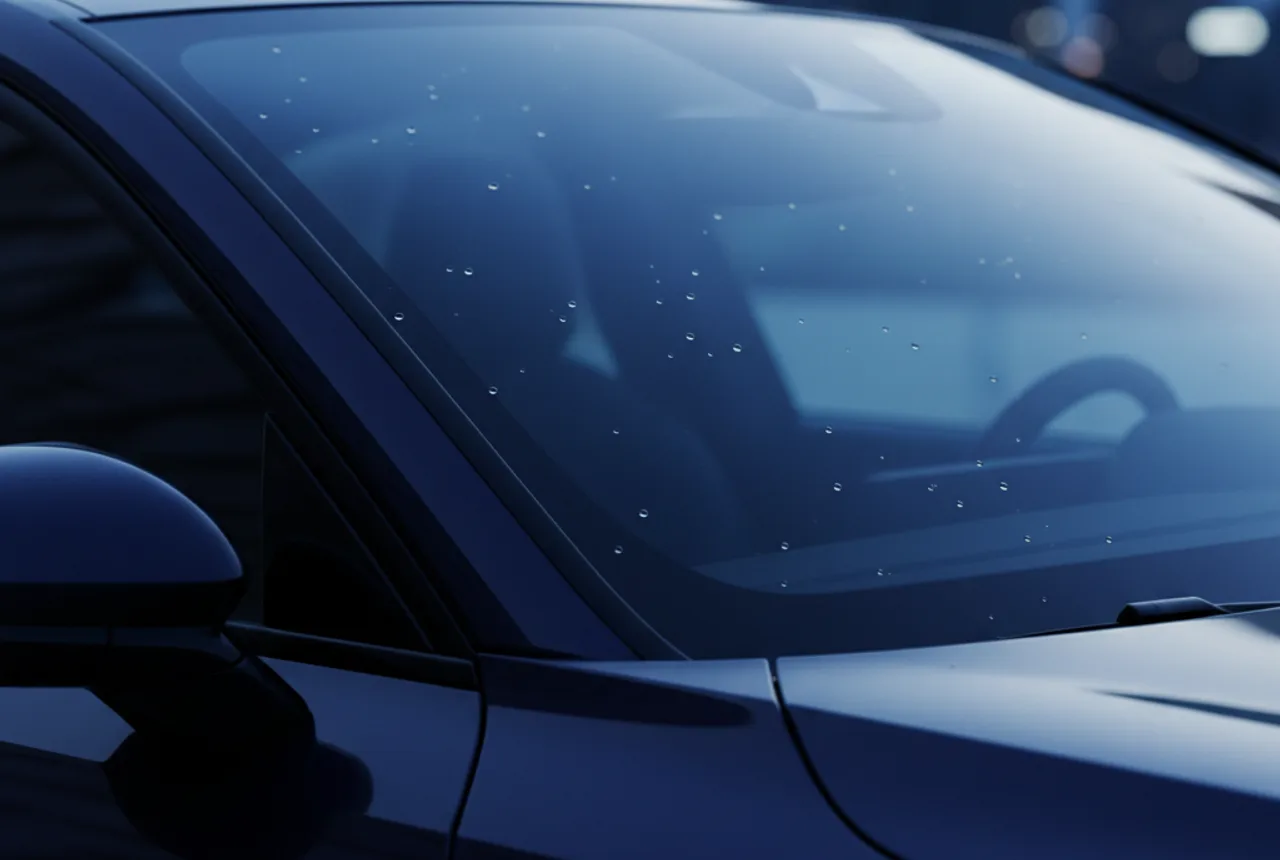 Close-up of a pristine car windshield reflecting a blue-hour sky