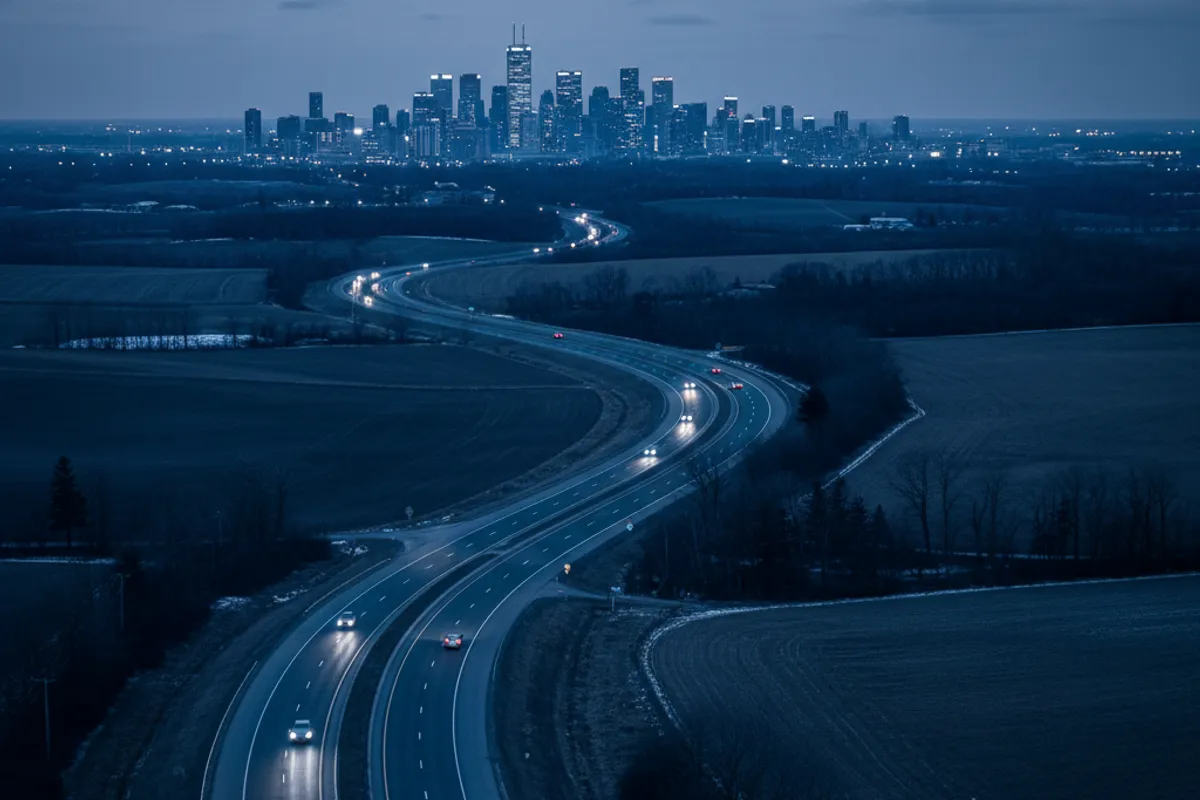 A scenic Southwestern Ontario highway at dusk